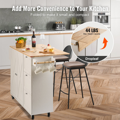Start2Finish VEVOR kitchen island cart with solid wood top, storage cabinet, spice rack, towel rack, and drop leaf in white.