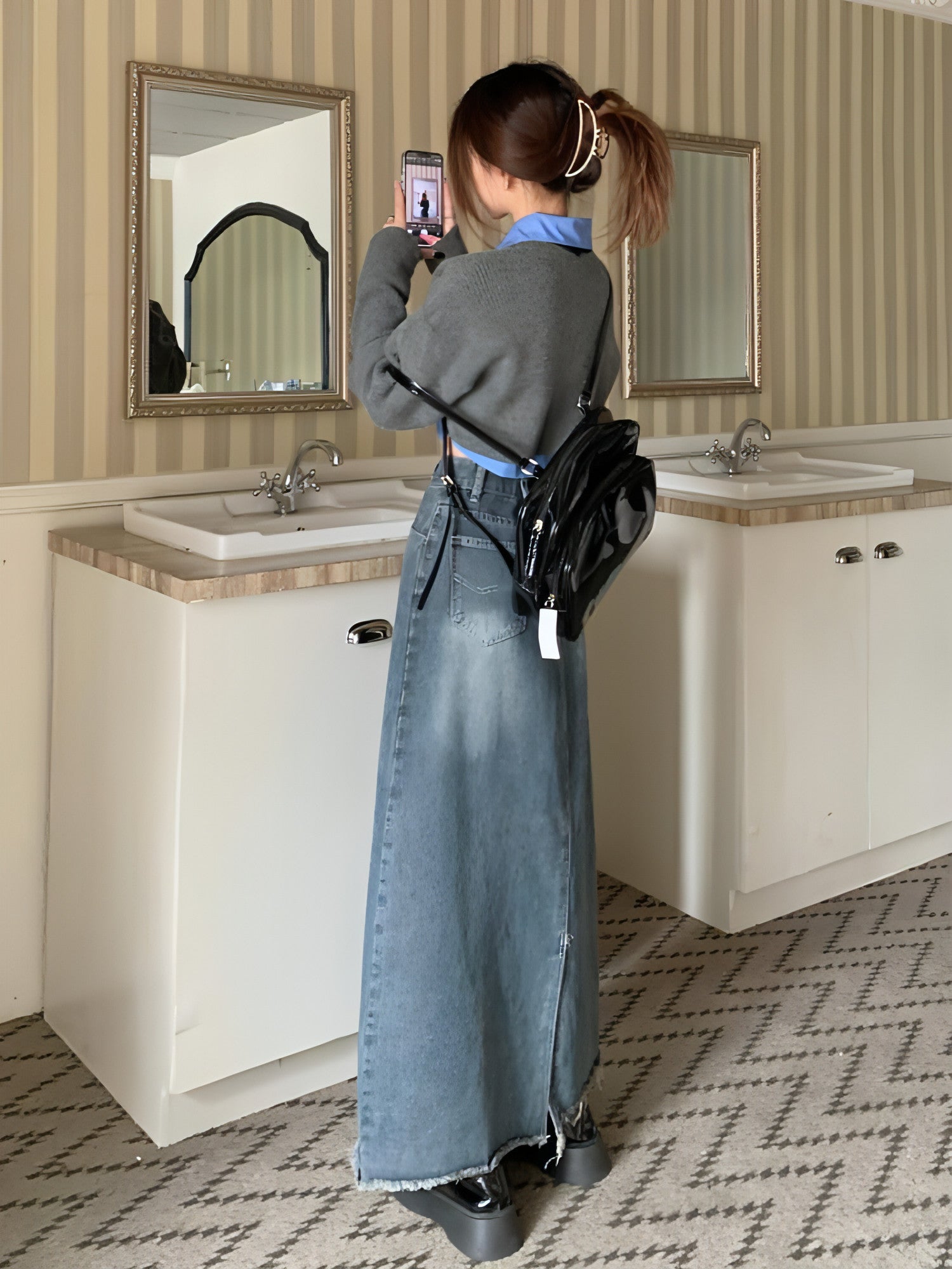 High-waisted skinny denim skirt for girls by Carmine Juneberry, featuring a classic blue wash and fitted style.