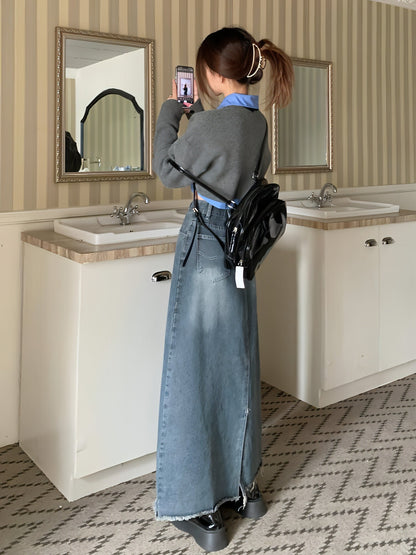 High-waisted skinny denim skirt for girls by Carmine Juneberry, featuring a classic blue wash and fitted style.