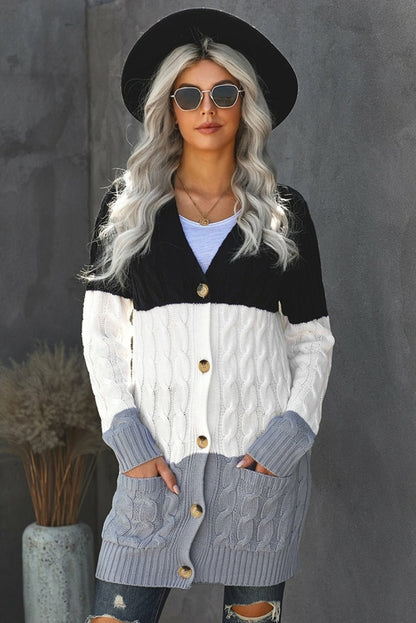 Women’s Jade Button Pocket Knit Cardigan with front pockets, soft knit fabric, and long sleeves for casual, cozy style.