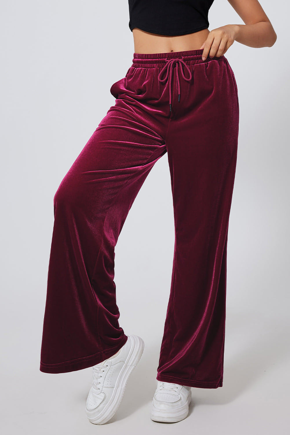 Carmine Juneberry burgundy solid wide-leg pants with drawstring waist, relaxed fit, and flowing fabric.