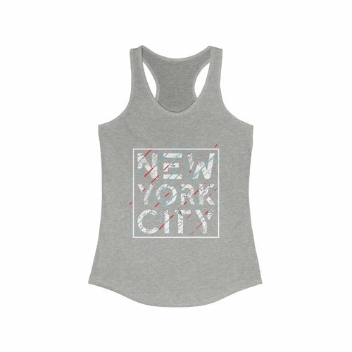 Plum Charlie New York City racerback tank top featuring a cityscape graphic on soft fabric, sleeveless design, casual style.