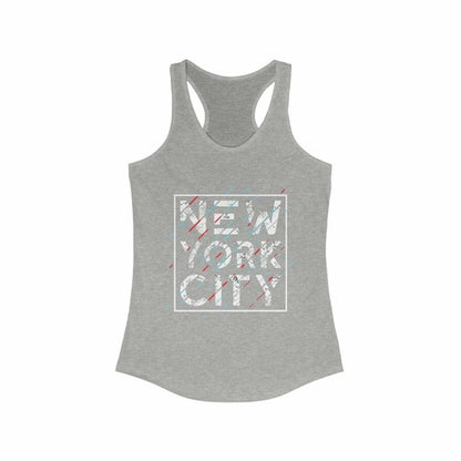 Plum Charlie New York City racerback tank top featuring a cityscape graphic on soft fabric, sleeveless design, casual style.