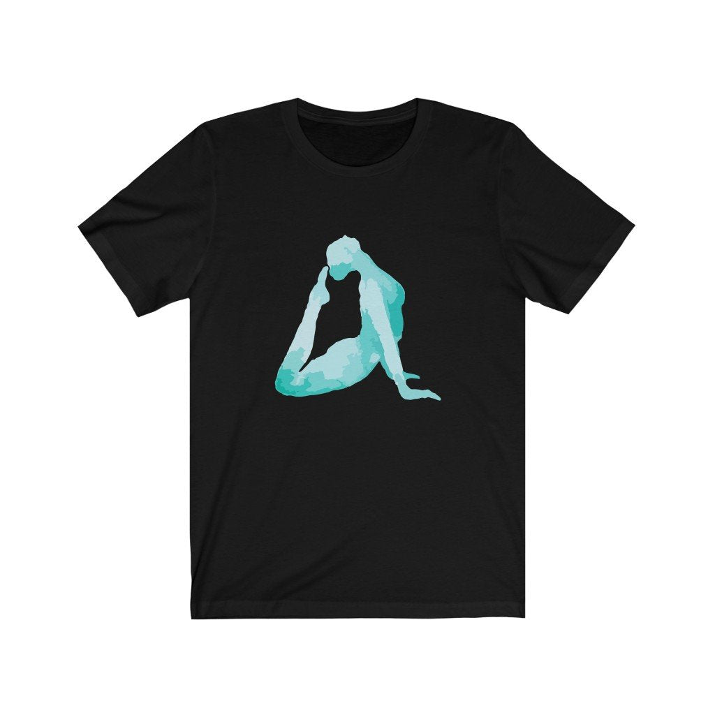 Yellow Pandora yoga backward bend print jersey short sleeve T-shirt, soft fabric with colorful yoga pose design.