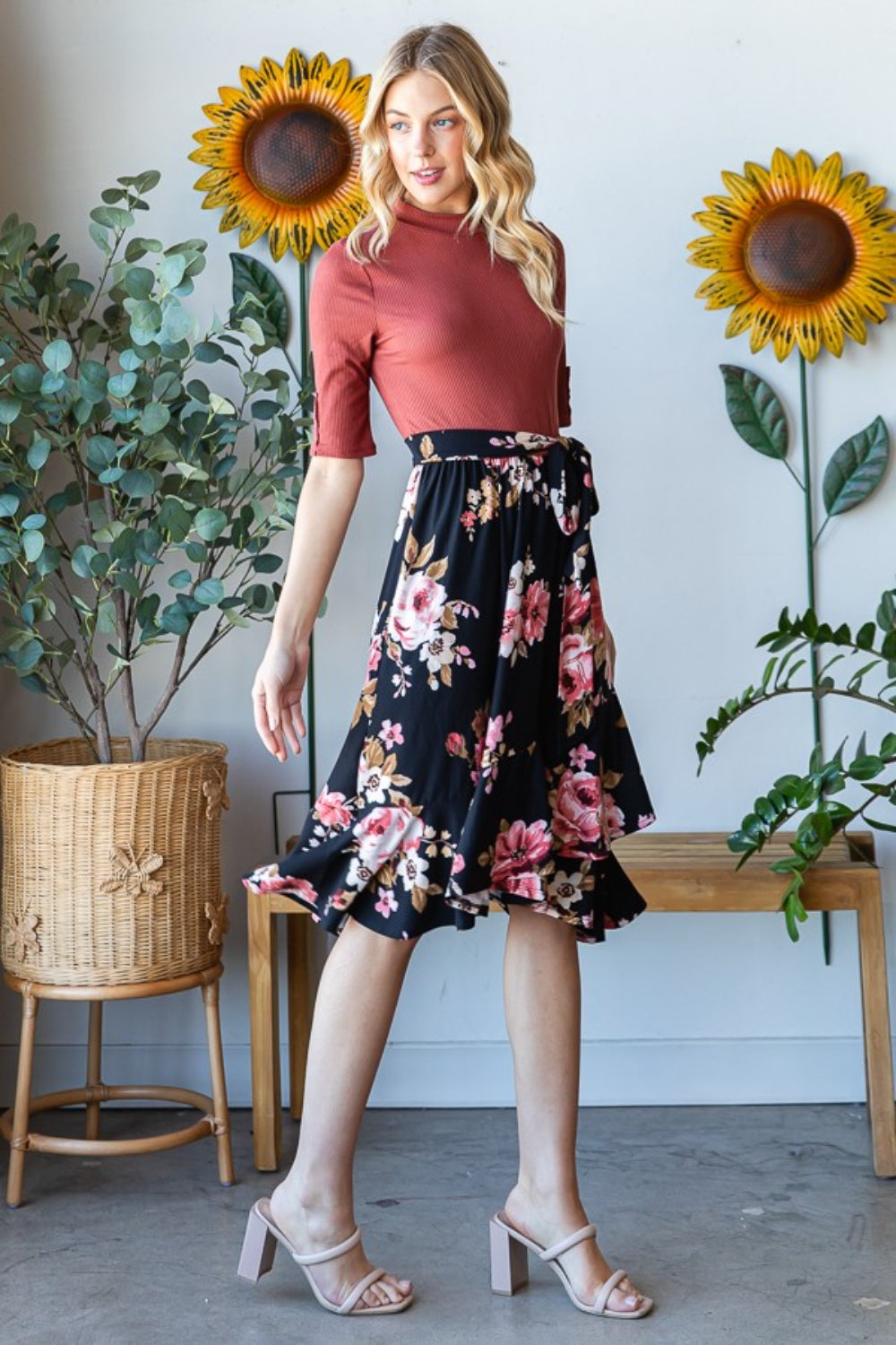 Jade Icarus Reborn J Floral Wrap Ruffle Hem Dress with vibrant floral pattern and ruffle hem, displayed on a mannequin.