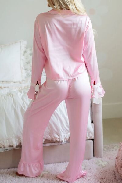 Jade Icarus collared neck long sleeve top and pants lounge set, displayed as cozy, matching clothing ensemble in neutral tones.
