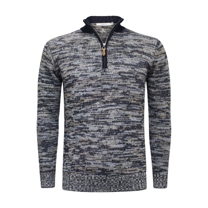 Start2Finish cashmere half zip sweater in melange navy, camel, and blue with a high collar and soft knit texture.