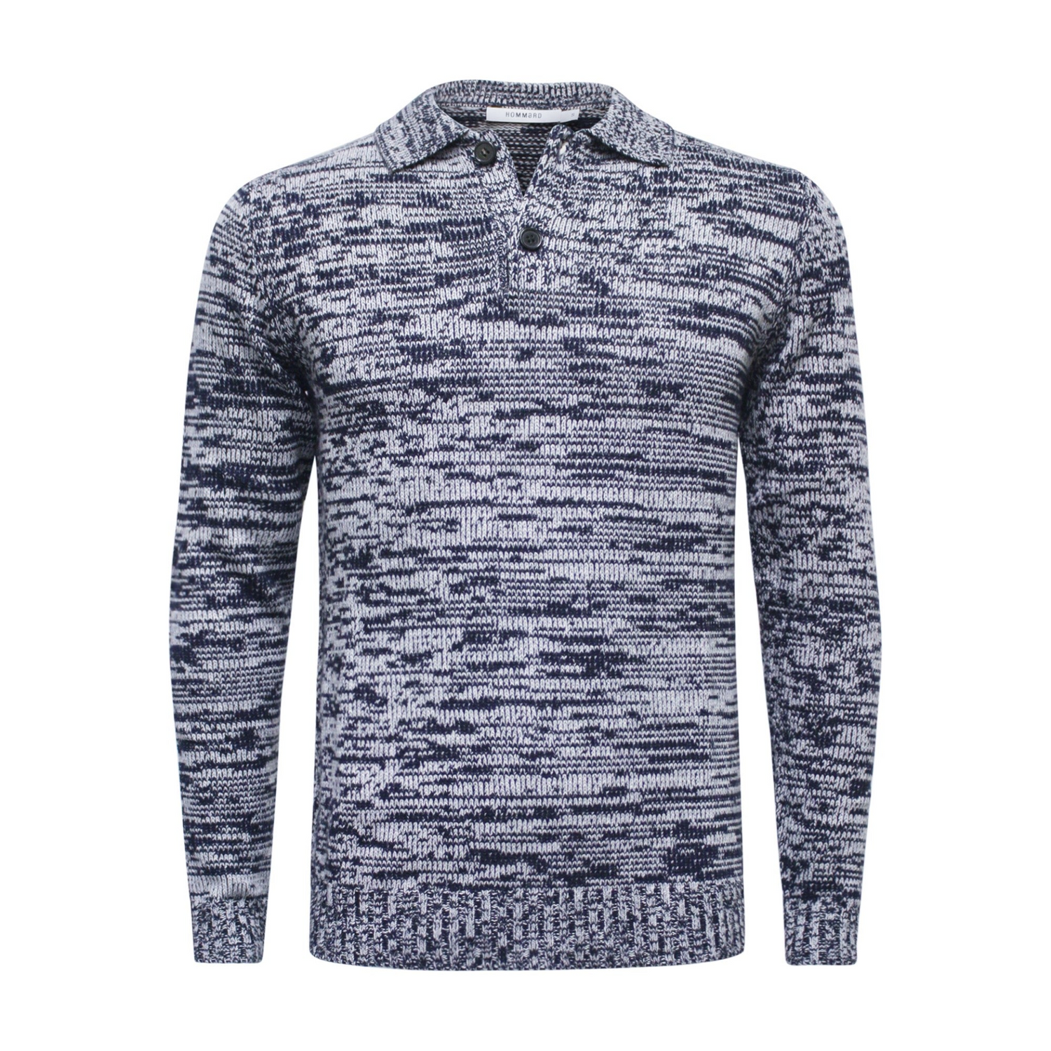 Start2Finish navy and grey cashmere sweater with a polo neck, heavy jersey fabric, melange pattern, perfect for cozy winter wear.