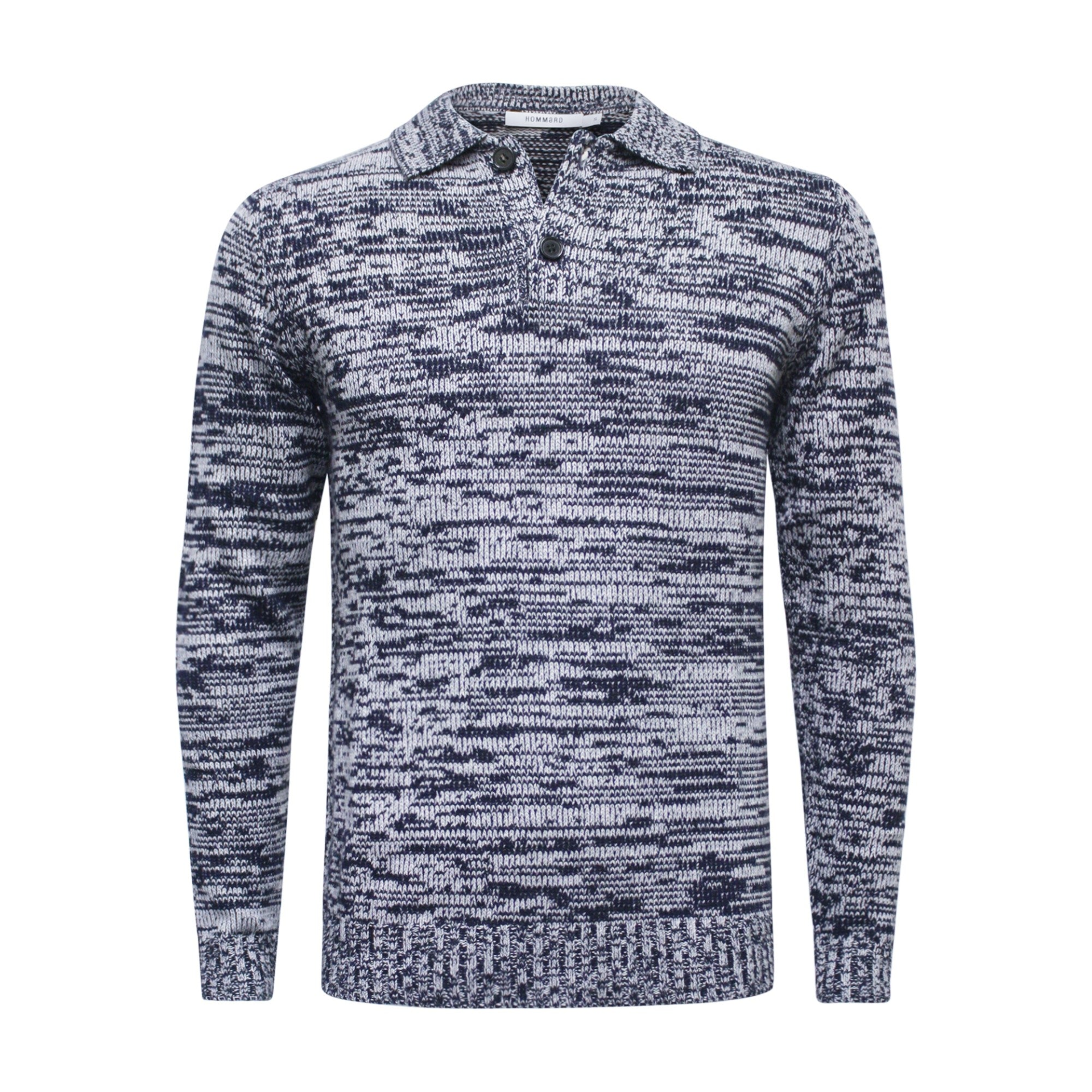 Start2Finish navy and grey cashmere sweater with a polo neck, heavy jersey fabric, melange pattern, perfect for cozy winter wear.