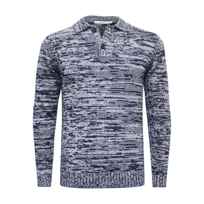 Start2Finish navy and grey cashmere sweater with a polo neck, heavy jersey fabric, melange pattern, perfect for cozy winter wear.