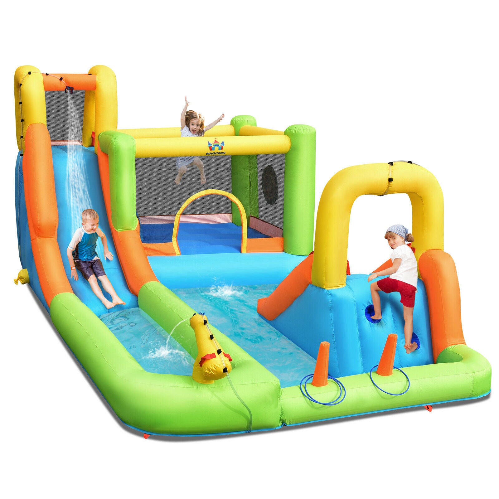 Emerald Caeneus inflatable water park bounce house with double water slides and climbing area for kids outdoor fun.