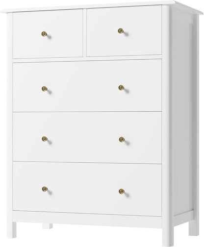 White Peach Maple five drawer bedroom dresser with sleek design and ample storage for organized bedroom furniture.