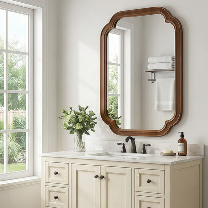 Sangria Beech solid wood frame decorative mirror with rounded corners, ideal for bedroom furniture, hanging on a wall.