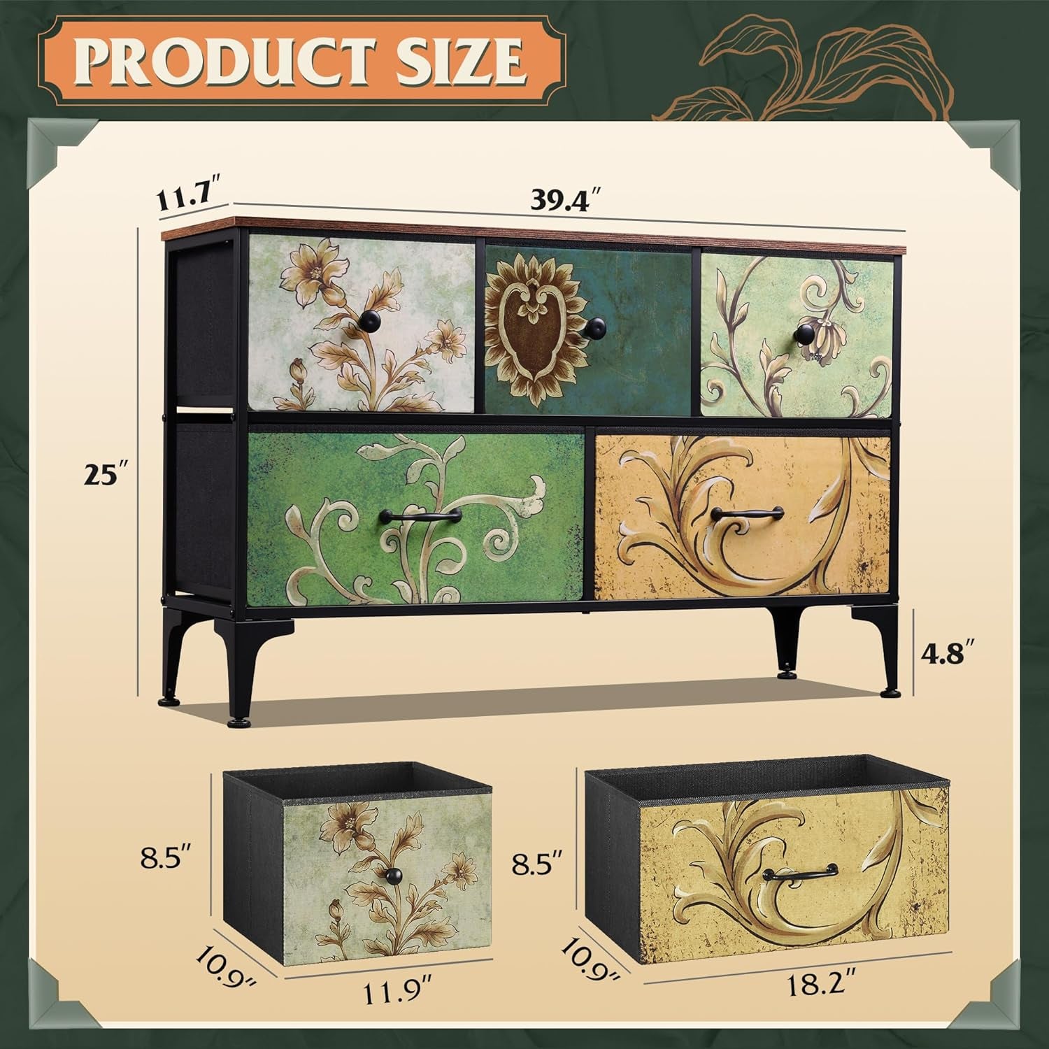 Peach Maple floral painted dresser with five drawers and fabric bins, stylish wooden furniture for bedroom storage.