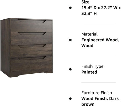 Dark brown Peach Maple 4-drawer bedroom dresser with sleek handles, offering stylish storage and organization for modern bedrooms.