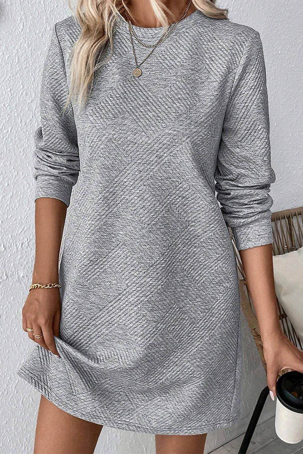 Gray solid textured long sleeve shift dress by Carmine Juneberry, featuring a classic silhouette and comfortable fabric.