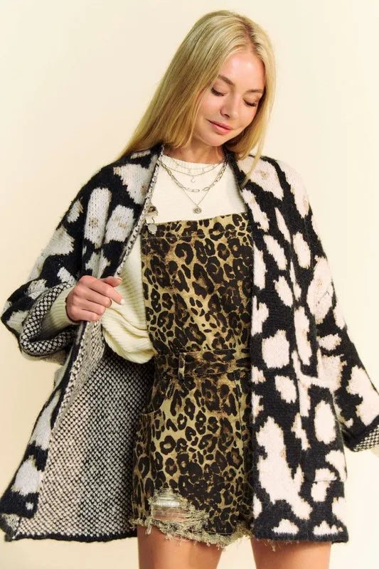 Davi &amp; Dani leopard open front long sleeve cardigan from Pear Daisy, featuring a cozy, stylish animal print design.