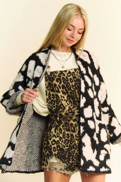 Davi &amp; Dani leopard open front long sleeve cardigan from Pear Daisy, featuring a cozy, stylish animal print design.