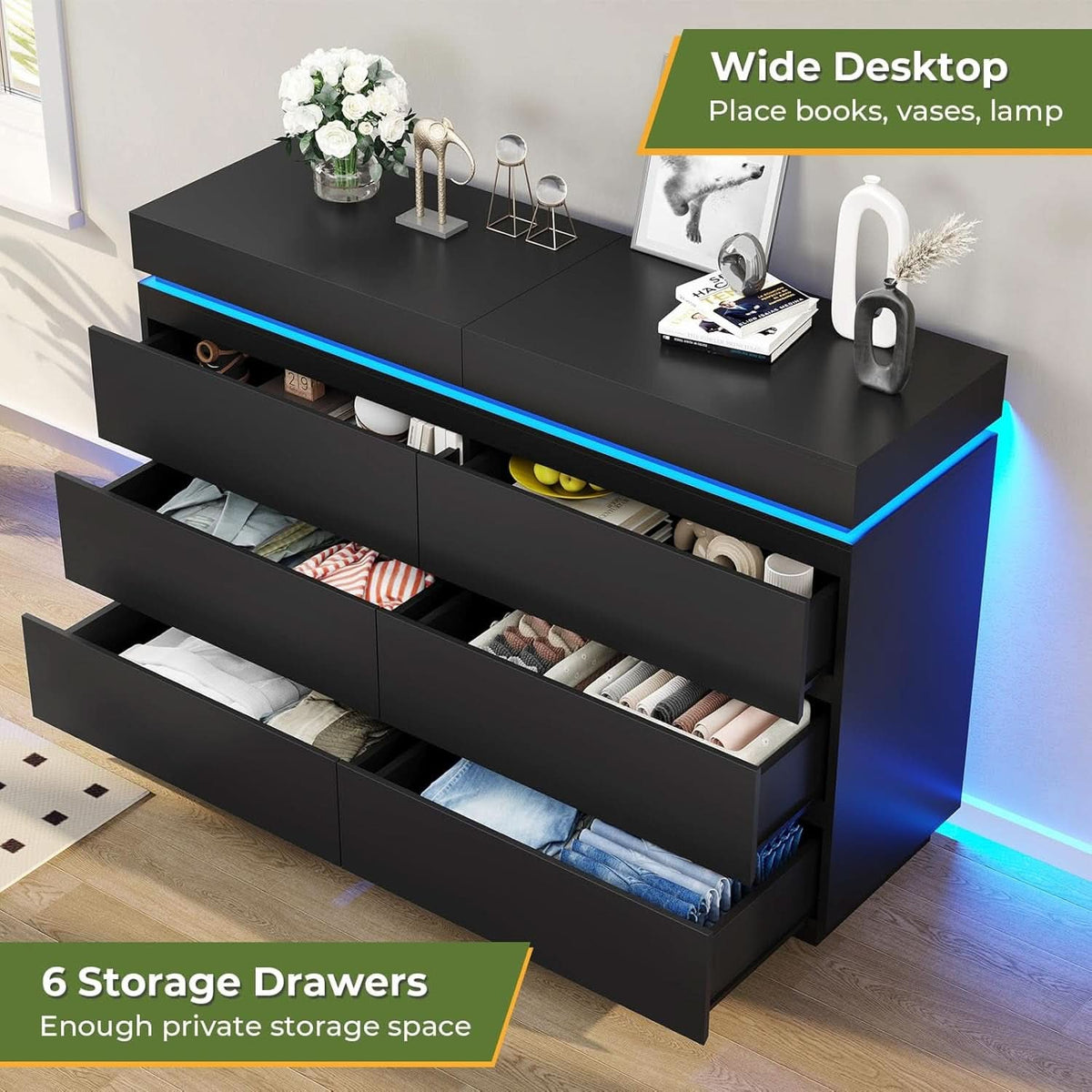 Black Multifunctional Dresser With Sliding Desk LED