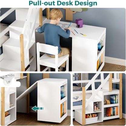 Full Over Full Bunk Bed White Wood Finish Trundle Storage