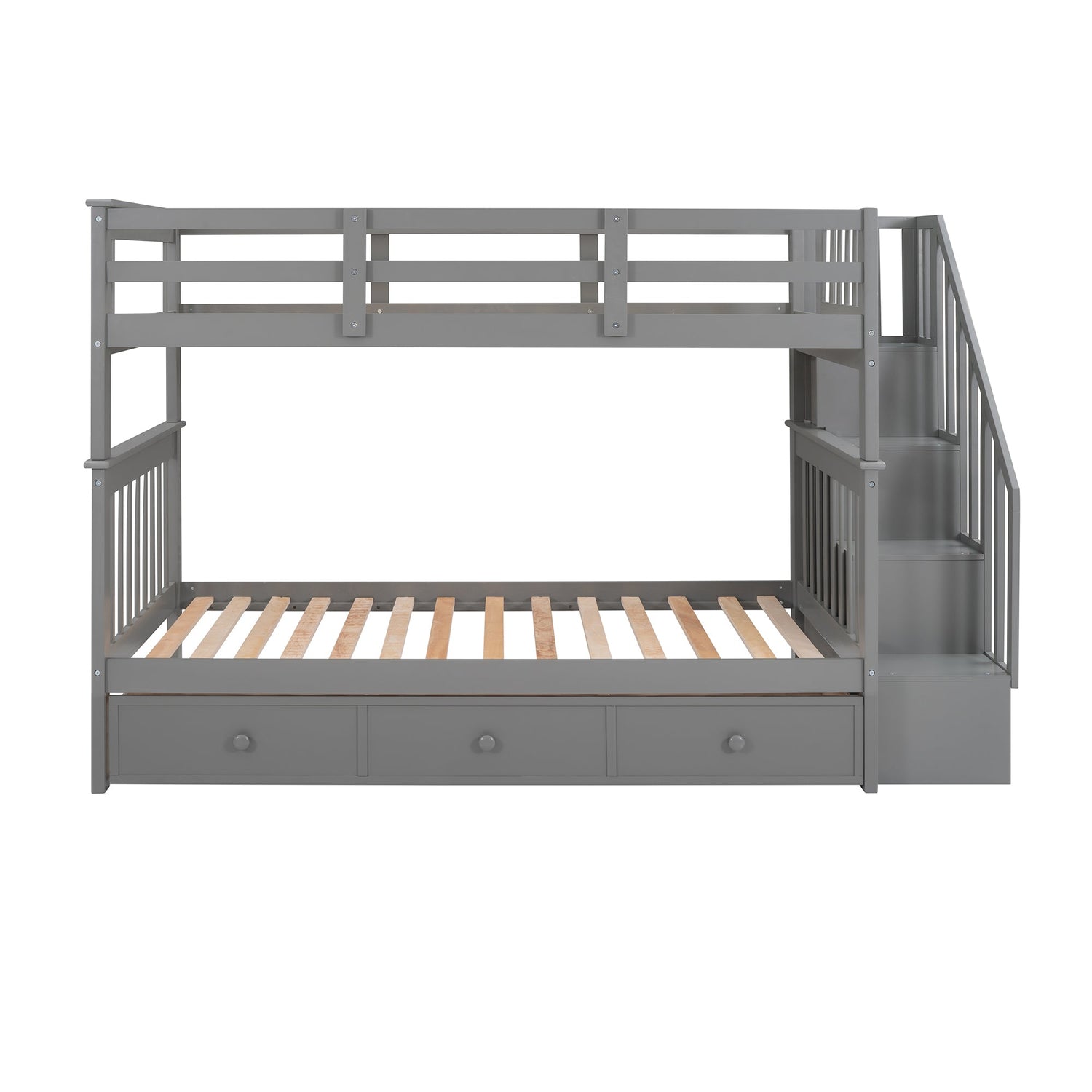 Sangria Beech twin-over-twin bunk bed with three built-in storage drawers, ideal for bedroom or dorm room furniture.