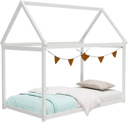 Peach Maple twin house bed frame with roof canopy, Montessori-style kids furniture, featuring a cozy, playful bedroom setup.