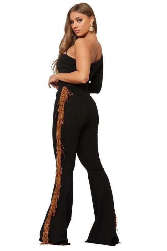 Automotive Jade Icarus Fringe Bell Bottom with 32-inch inseam, featuring decorative fringe detail and classic bell bottom style.