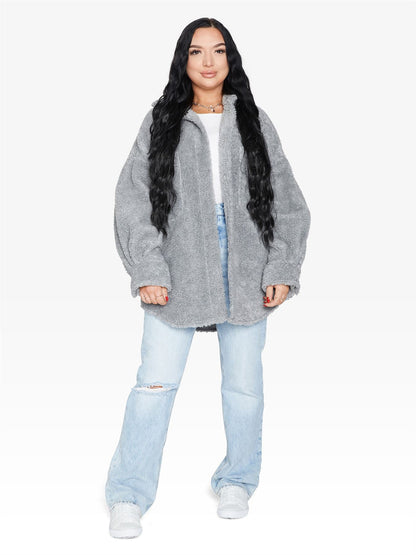 Rose Eleusis oversized patch pocket borg teddy shacket showing soft, plush fabric, patch pockets, and relaxed fit in a cozy jacket style.