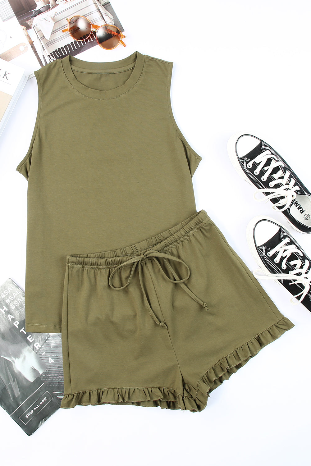 Green crew neck tank top and drawstring ruffled shorts lounge set by Harlequin Daisy, cozy and stylish for relaxed wear