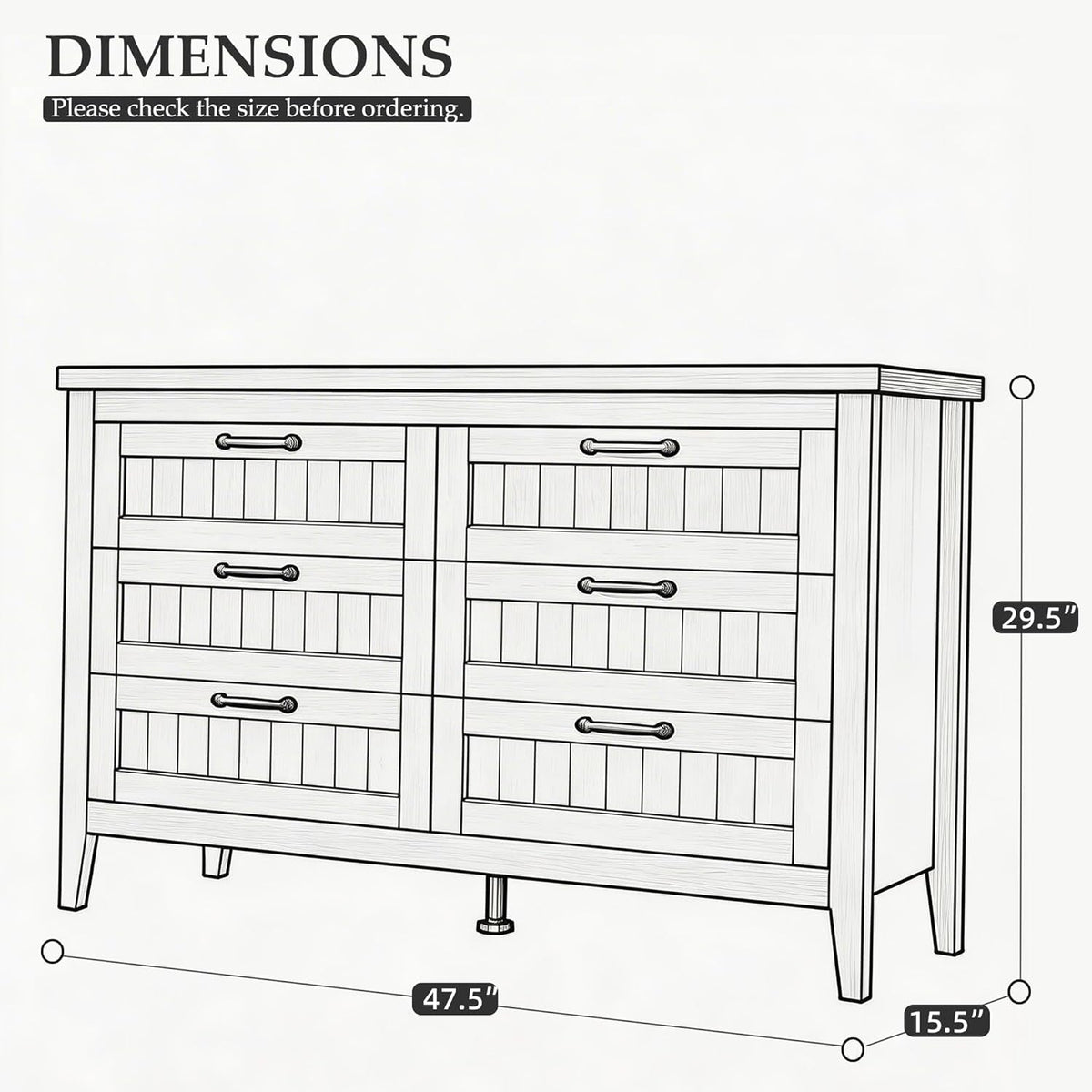 White Slim Modern Six Drawer Dresser With USB Charging
