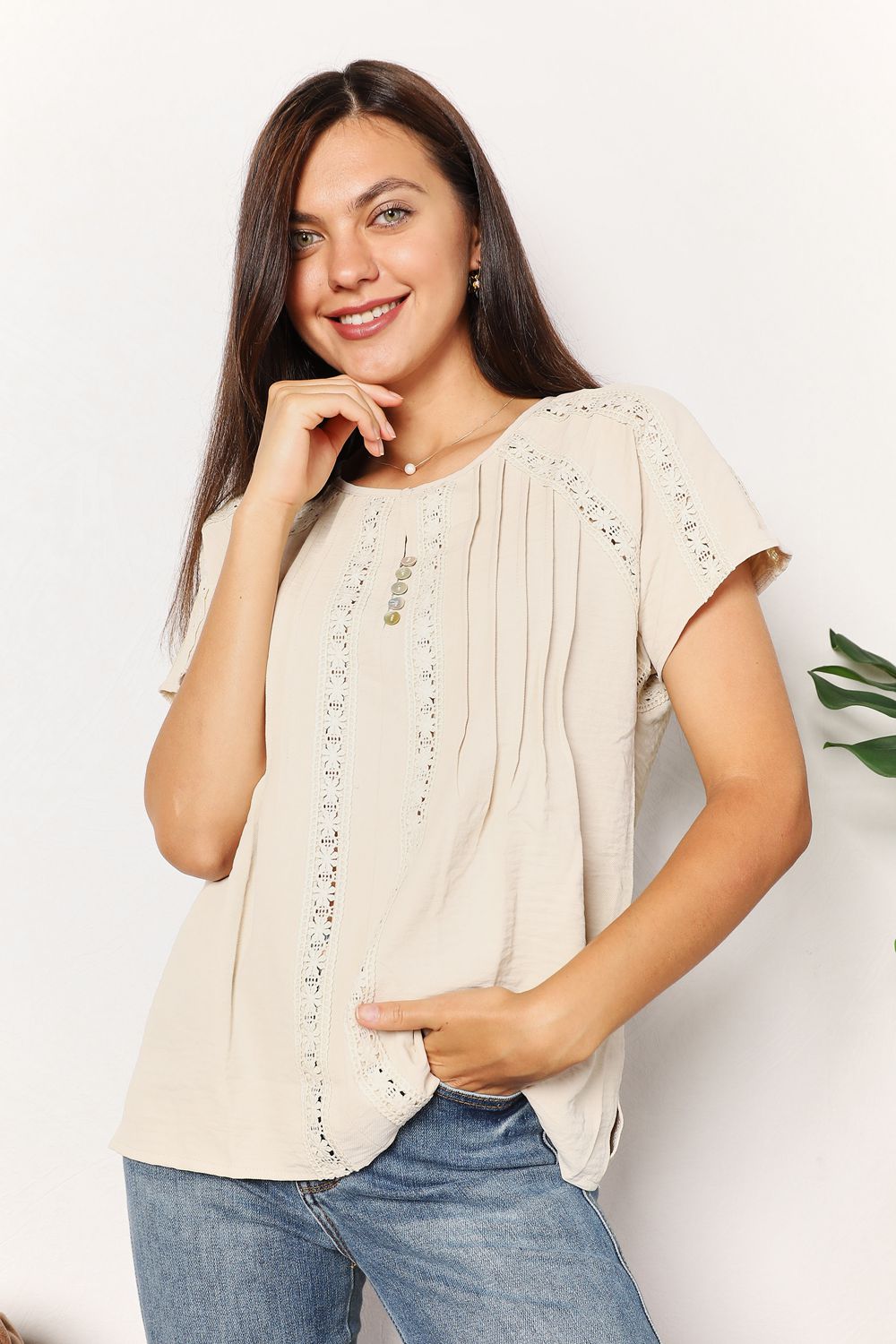Pear Daisy double take crochet buttoned short sleeves top, stylish knit blouse with buttons, perfect for casual home and garden wear.
