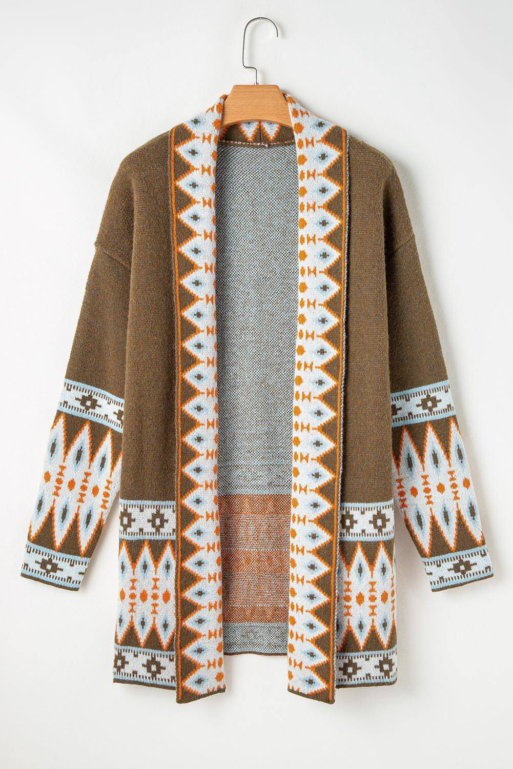 Brown Aztec print open front knitted cardigan from Carmine Juneberry, featuring a cozy sweater design with a stylish pattern.