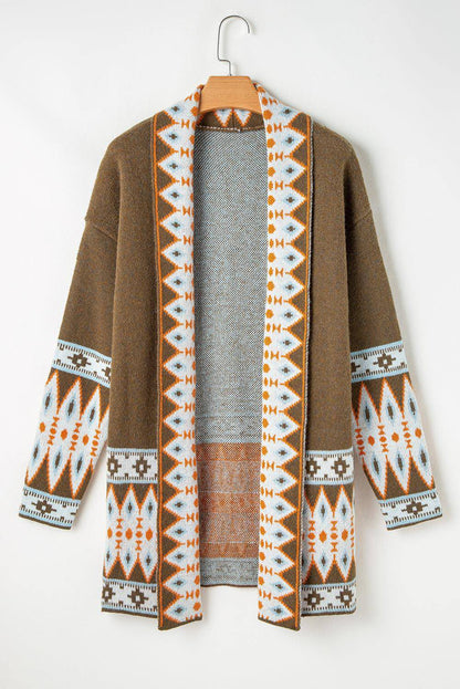 Brown Aztec print open front knitted cardigan from Carmine Juneberry, featuring a cozy sweater design with a stylish pattern.