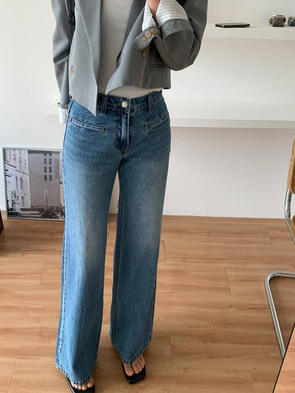 Slimming retro high waist jeans for women by Carmine Juneberry, showing the fit and classic denim style.