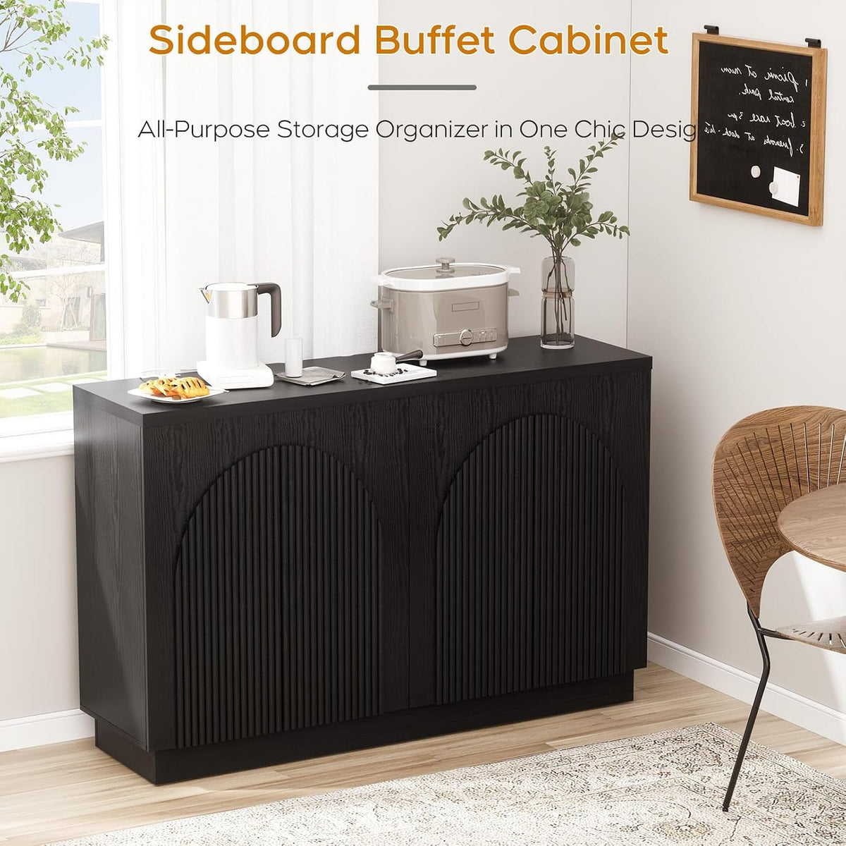 55Inch Black Fluted Mid Century Sideboard Buffet Cabinet