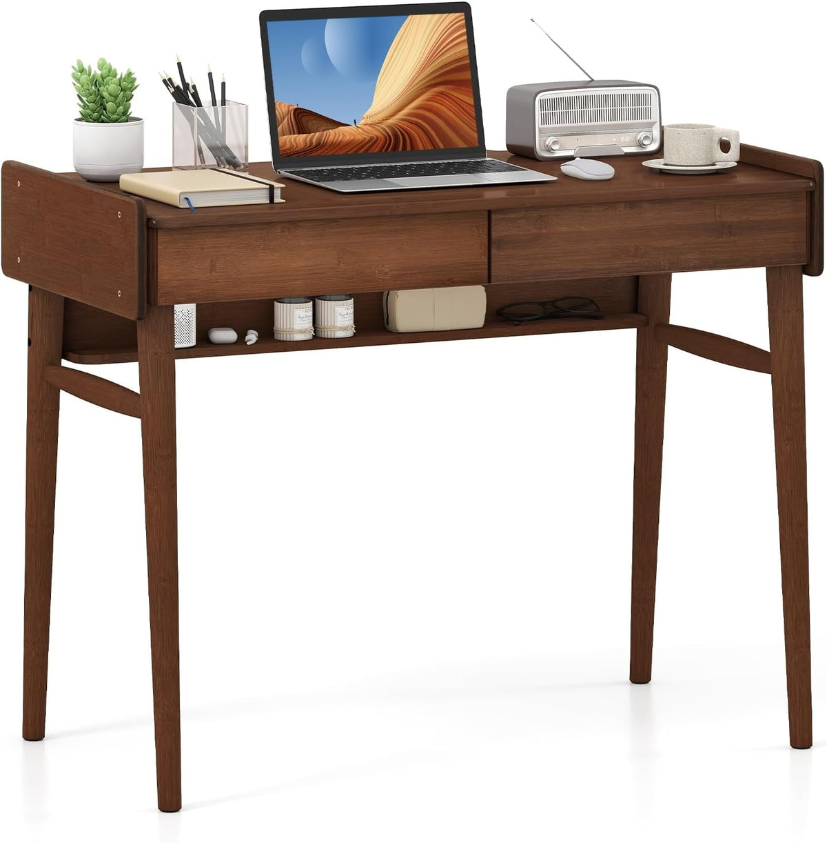 Walnut Bamboo Mid Century Modern Desktop Workstation