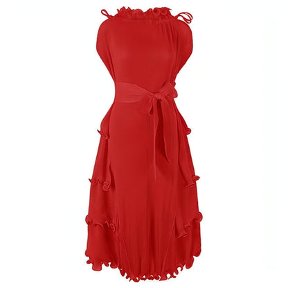 Carmine Juneberry autumn short sleeve pleated dress with elegant design, showcasing lightweight fabric and stylish fall fashion.