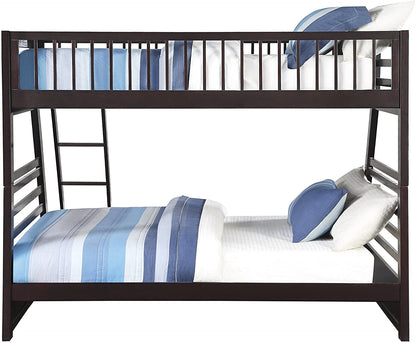 Espresso finish XL twin over queen bunk bed with built-in drawers by Peach Maple, showcasing sturdy wooden construction and storage options.