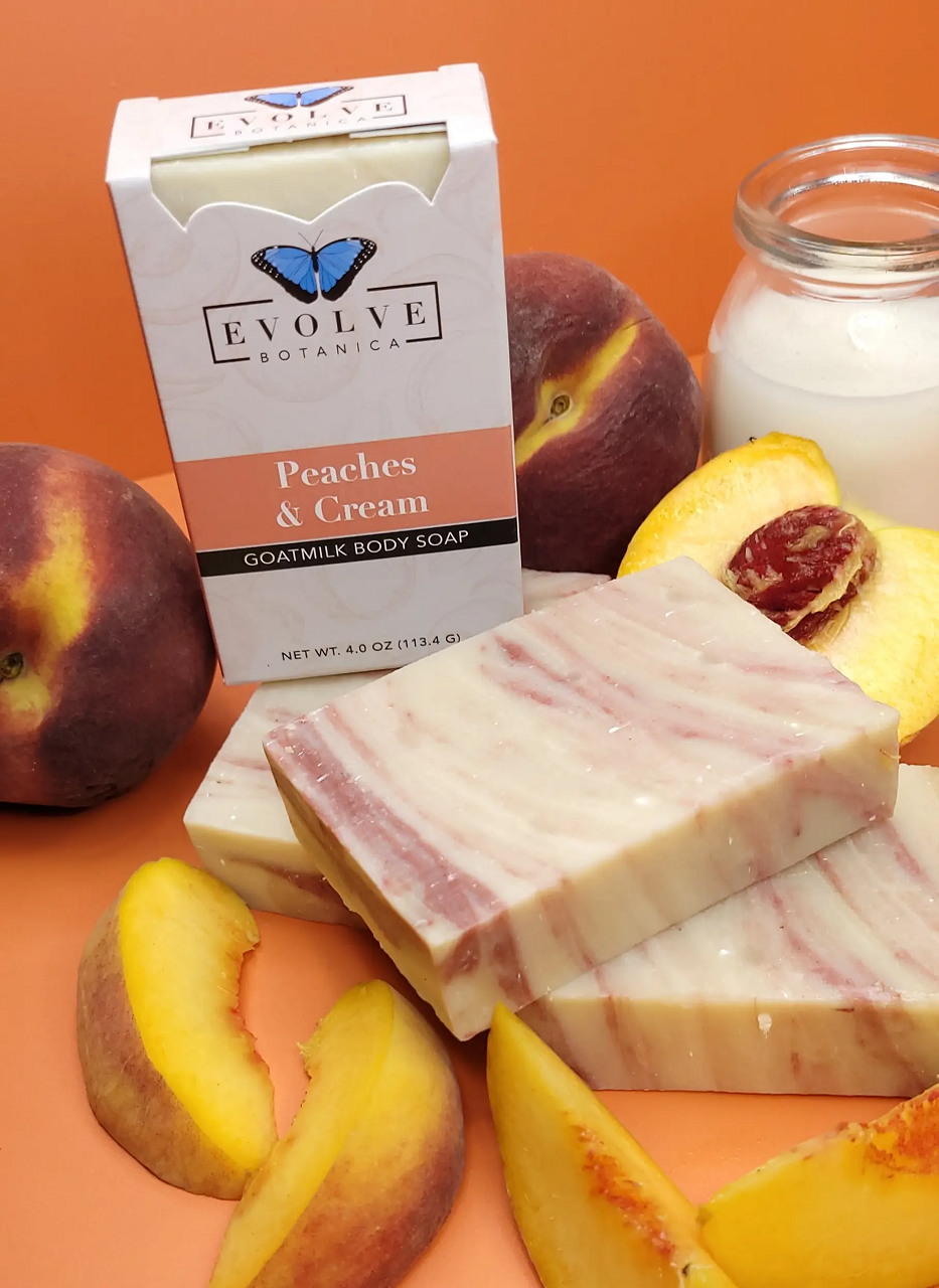 Start2Finish Peaches and Cream Goatmilk Soap bar with creamy peach scent for bath and body use, displaying the soap&