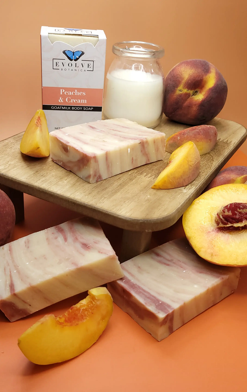 Start2Finish Peaches and Cream goat milk soap bar for bath and body, with a creamy peach scent and smooth texture.