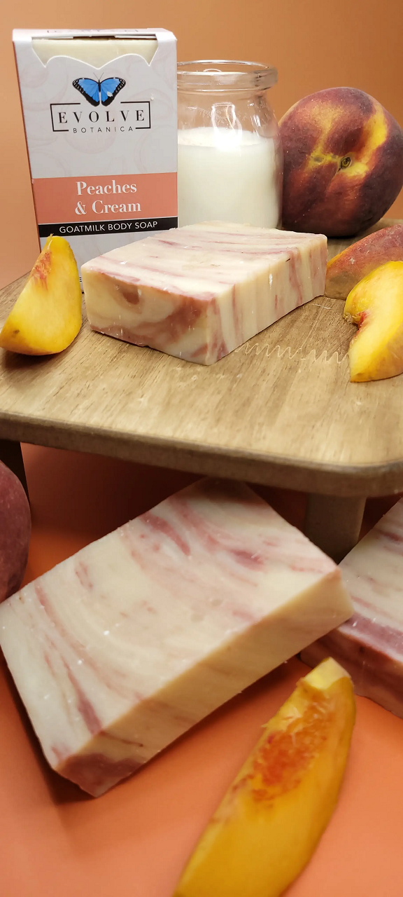 Start2Finish Peaches and Cream Goatmilk Soap bar with a creamy peach scent, shown in a clean, natural setting.