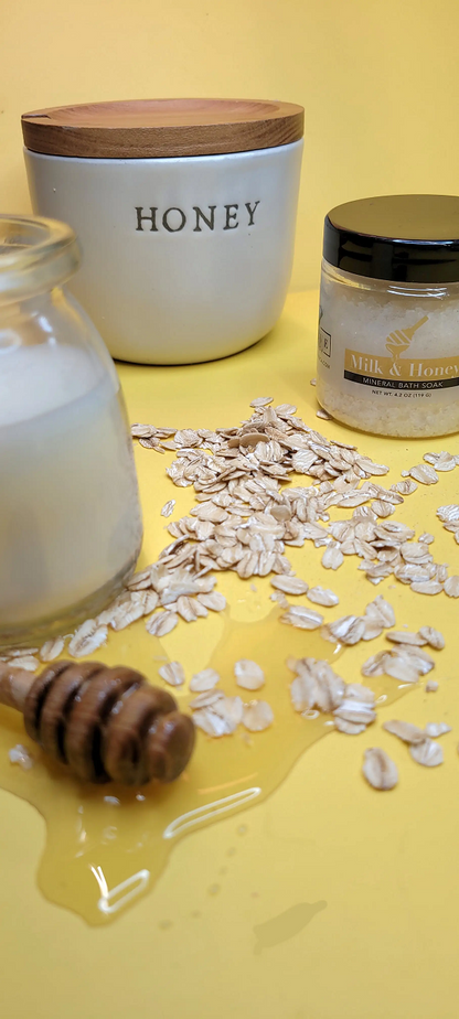 Start2Finish Milk &amp; Honey Mineral Soak bath salt in mini size, with a clear container and natural ingredients visible.