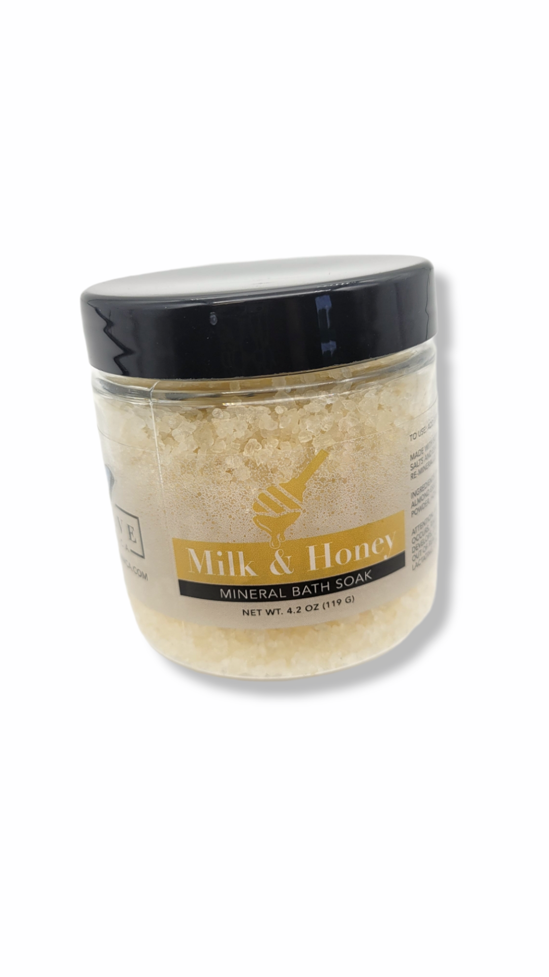 Start2Finish Milk &amp; Honey Mineral Soak mini bath salt jar with a white lid and colorful label, ideal for relaxing bath experiences.