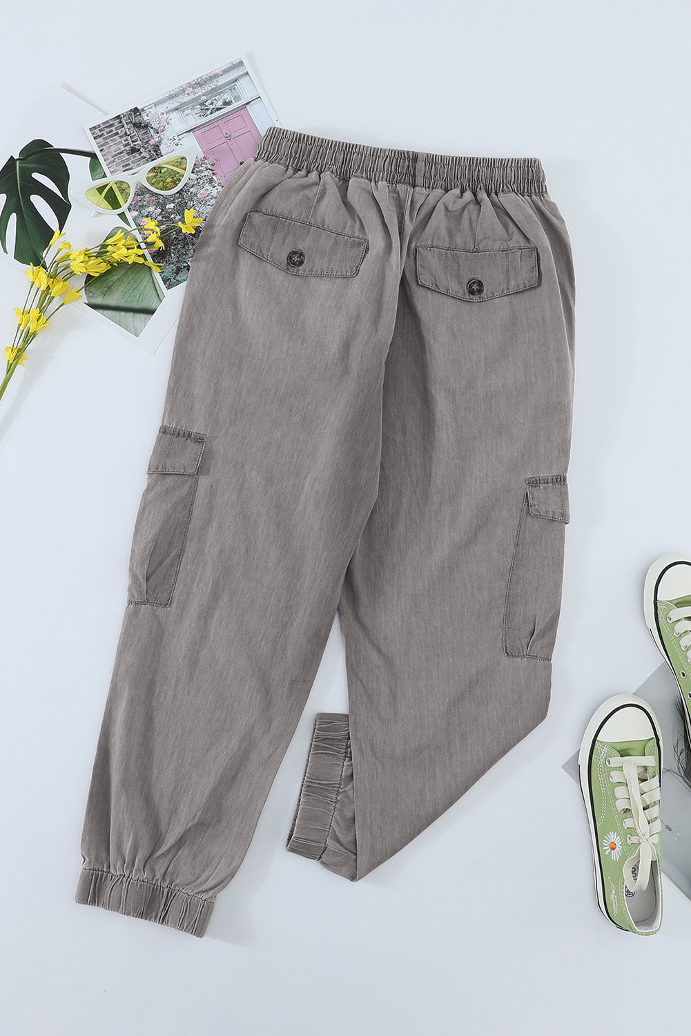 Gray drawstring cargo pocketed joggers for women by Lavender Pallas, featuring comfortable fit and functional pockets.