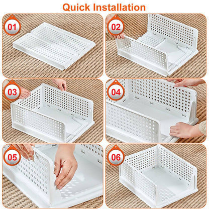 Four stackable plastic storage boxes with slide rails from Pear Daisy, ideal for organizing living room essentials.