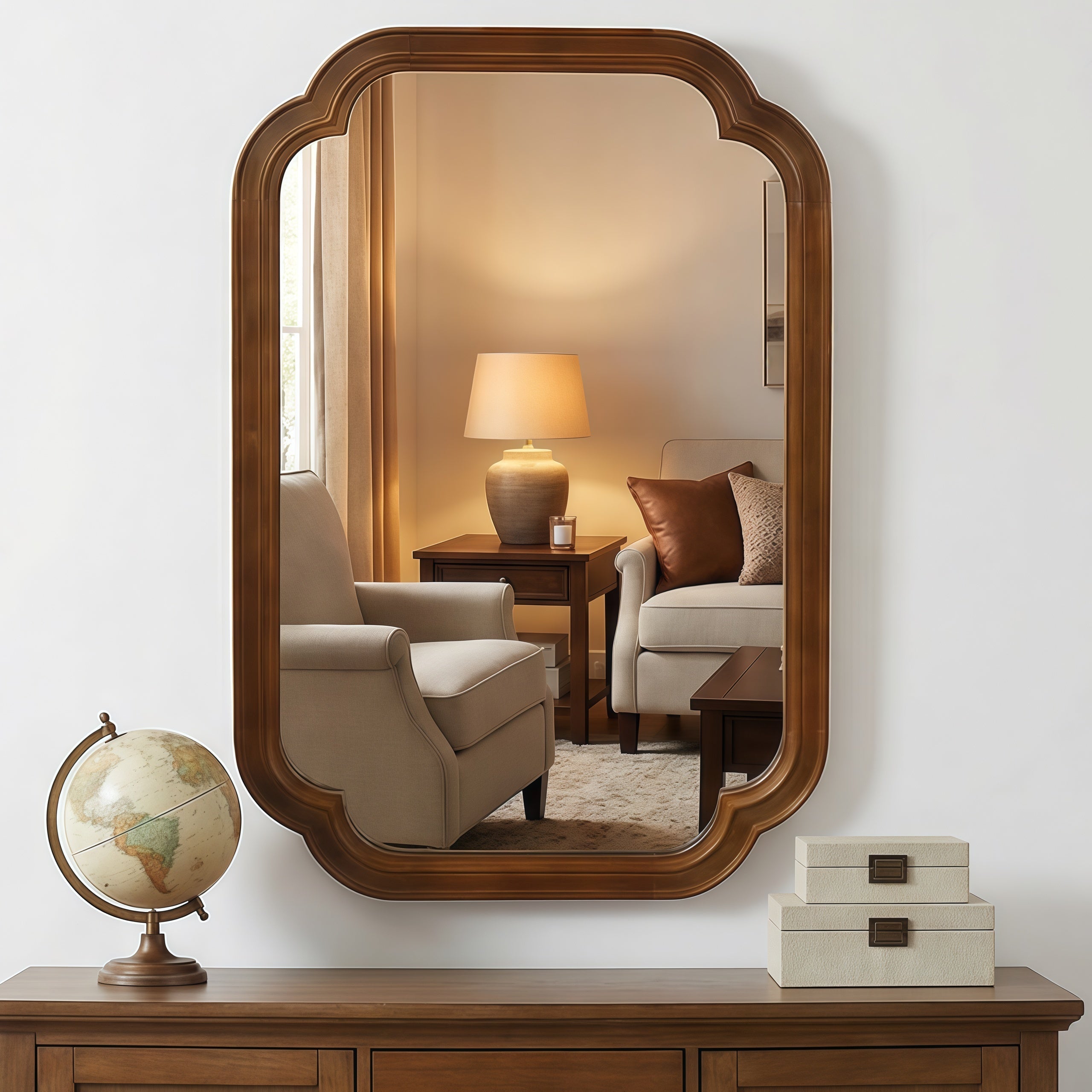 Sangria Beech solid wood framed decorative mirror with rounded corners, ideal for bedroom furniture decor.