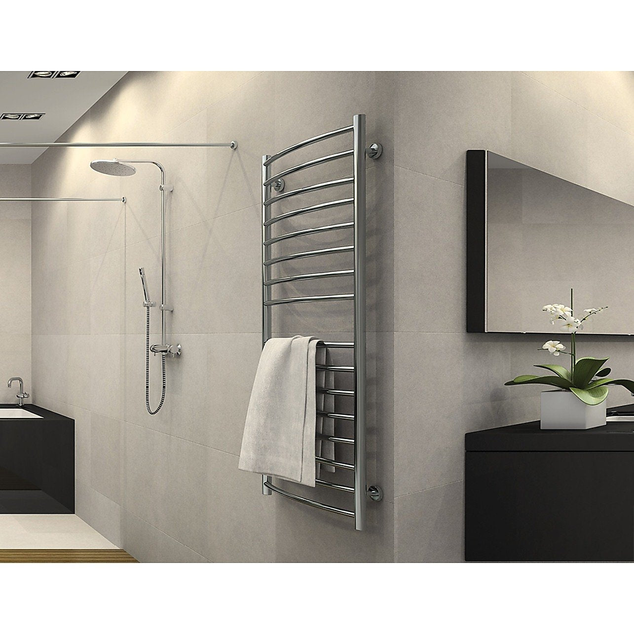 Electric heated bathroom towel rack by Magenta Danae with 200W power, mounted on a bathroom wall for warm, dry towels.
