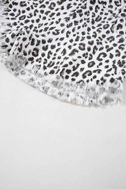Leopard print frayed hem denim shorts for women by Ruby Styx, showcasing a stylish, casual summer fashion look.