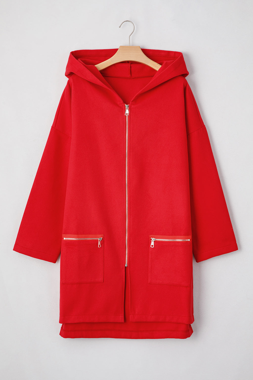 Carmine Juneberry fiery red solid zip-up hooded coat, casual jacket with front pockets and a drawstring hood.