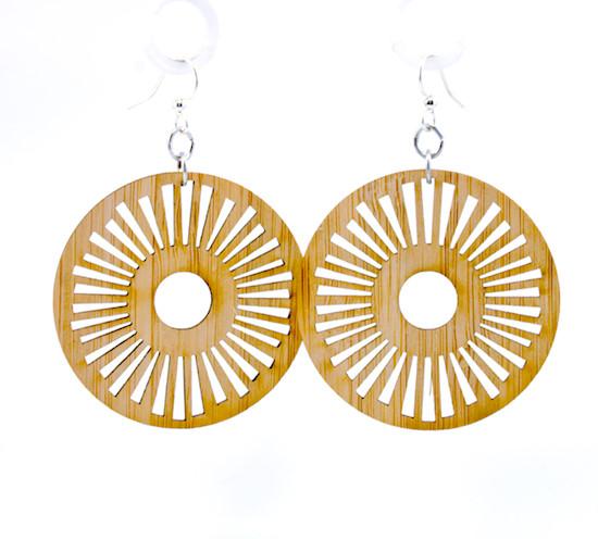 Red Sunflower Tribal Sun Bamboo Earrings, lightweight jewelry with intricate tribal sun design and natural bamboo material.